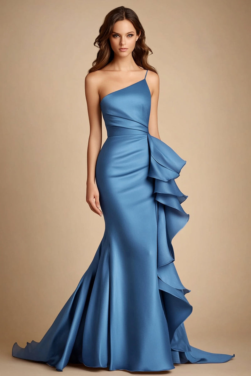 Load image into Gallery viewer, Blue One Shoulder Mermaid Long Wedding Guest Dress with Ruffles