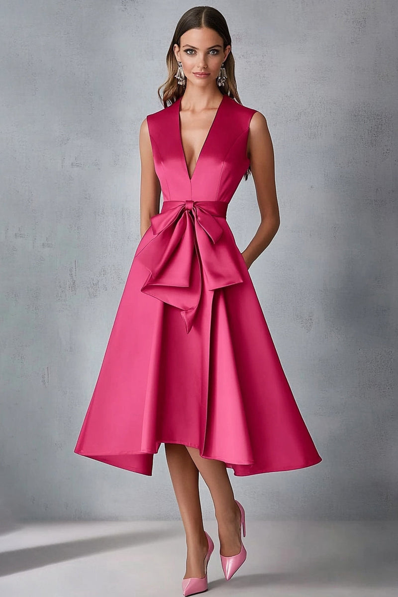 Load image into Gallery viewer, Fuchsia Satin V-Neck A Line Wedding Guest Dress