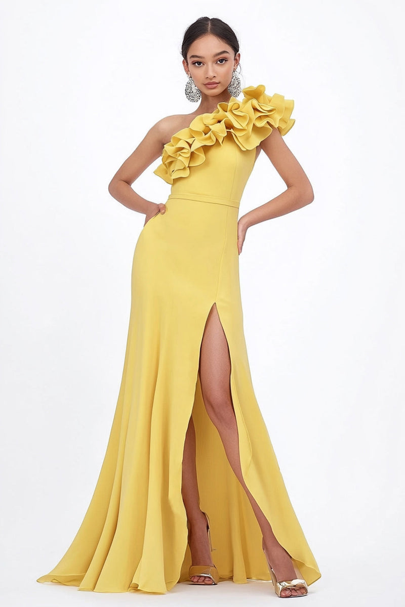 Load image into Gallery viewer, Yellow One Shoulder Ruffled Long Wedding Guest Dress with Slit