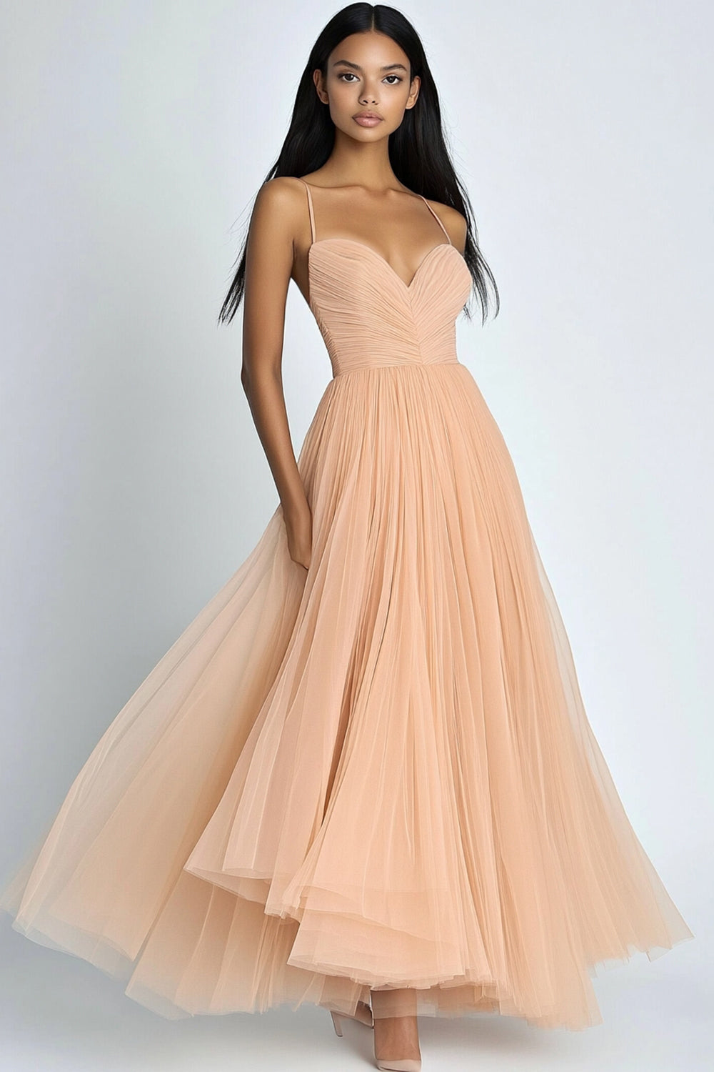 Peach Spaghetti Straps A Line Tulle Party Dress
