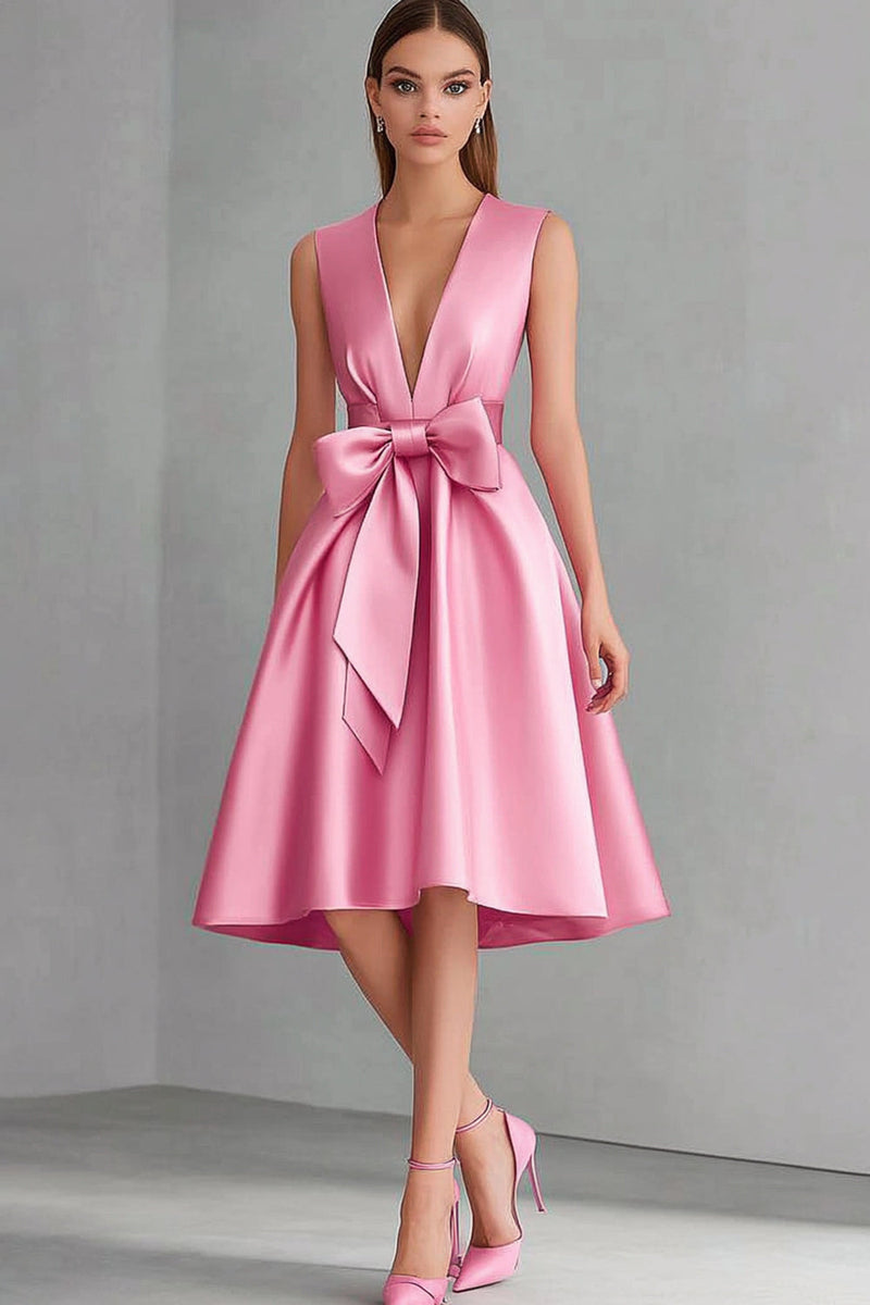 Load image into Gallery viewer, Pink V-Neck Satin Midi Formal Dress with Bow
