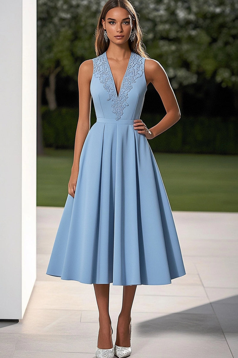 Load image into Gallery viewer, Sky Blue A Line V-Neck Satin Midi Formal Dress