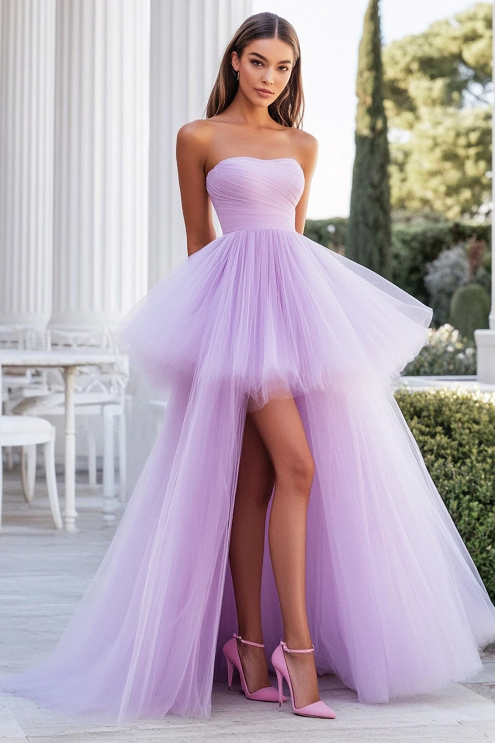 Lilac Strapless A Line Tulle Tiered Prom Dress