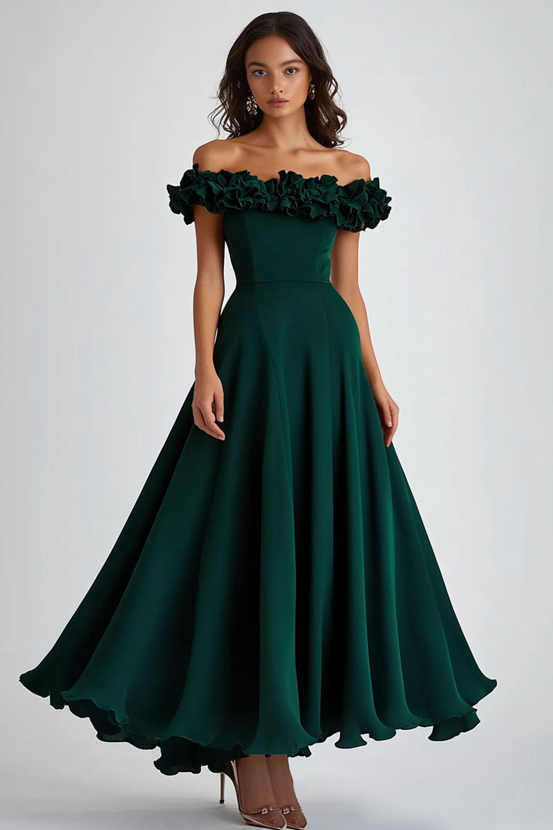 Load image into Gallery viewer, Dark Green Off The Shoulder Satin Ruffles Formal Dress