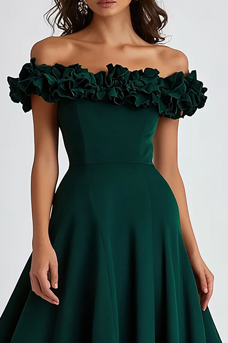 Load image into Gallery viewer, Dark Green Off The Shoulder Satin Ruffles Formal Dress