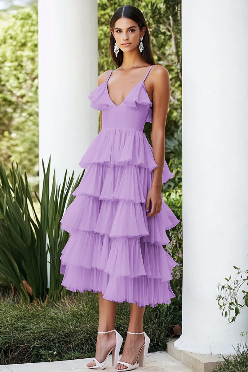 Load image into Gallery viewer, Lilac Spaghetti Straps A Line Tiered Chiffon Party Dress