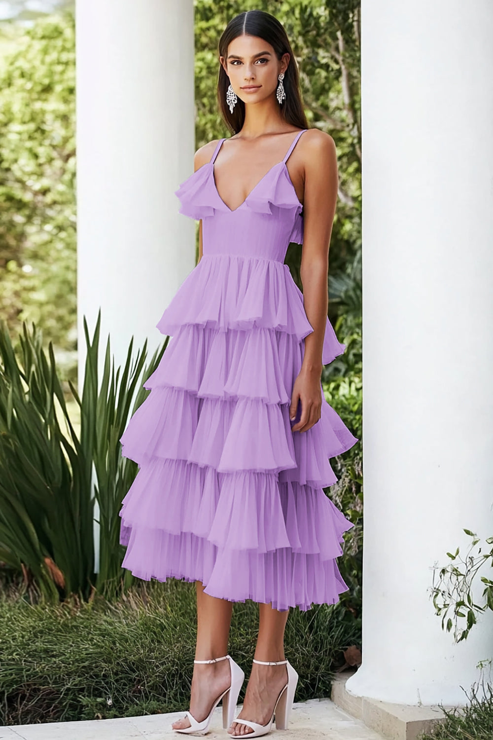 Lilac Spaghetti Straps A Line Tiered Chiffon Party Dress