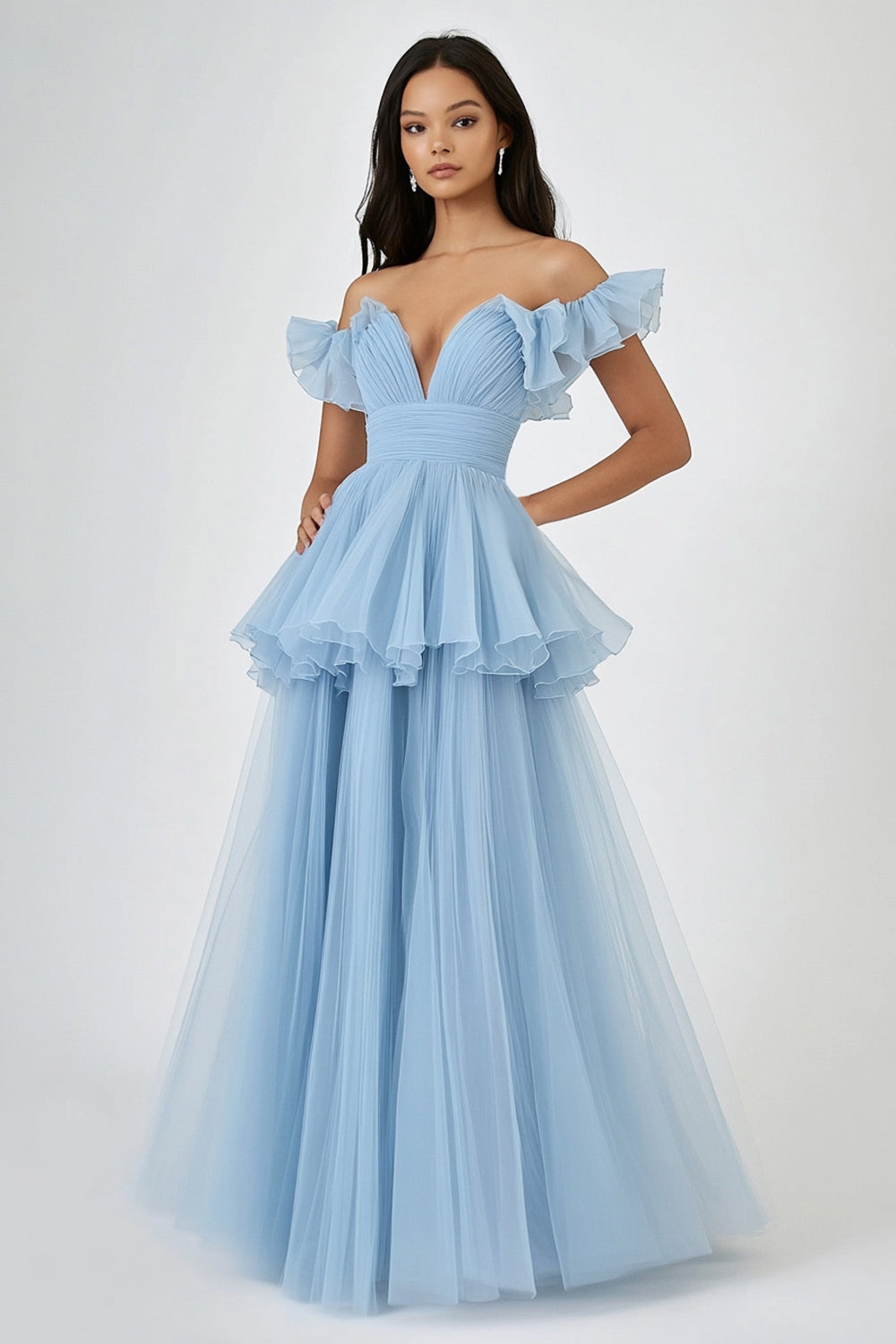 Sky Blue Off The Shoulder Ruched A Line Tiered Prom Dress