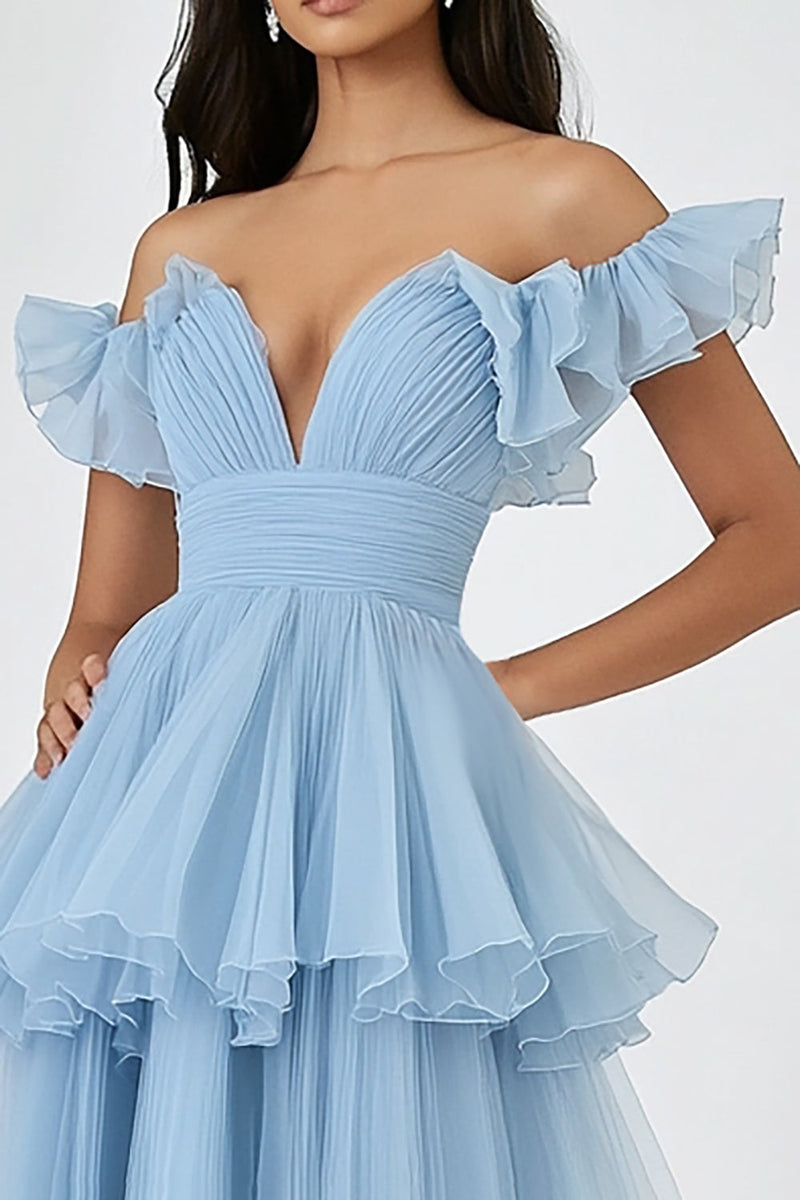 Load image into Gallery viewer, Sky Blue Off The Shoulder Ruched A Line Tiered Prom Dress