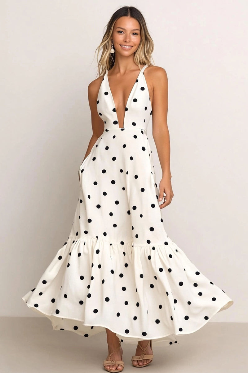 Load image into Gallery viewer, White V-Neck A Line Satin Formal Dress with Black Dots