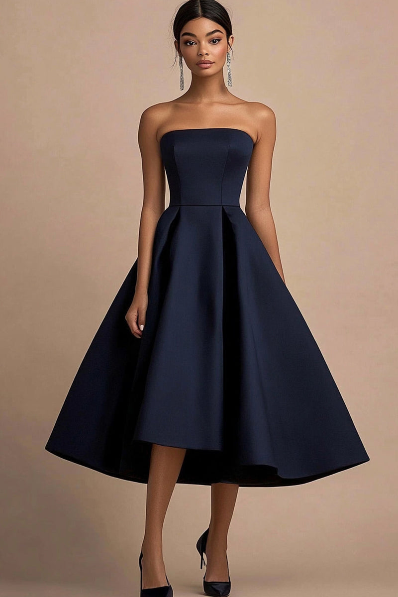 Load image into Gallery viewer, Navy Strapless A Line Satin Midi Formal Dress