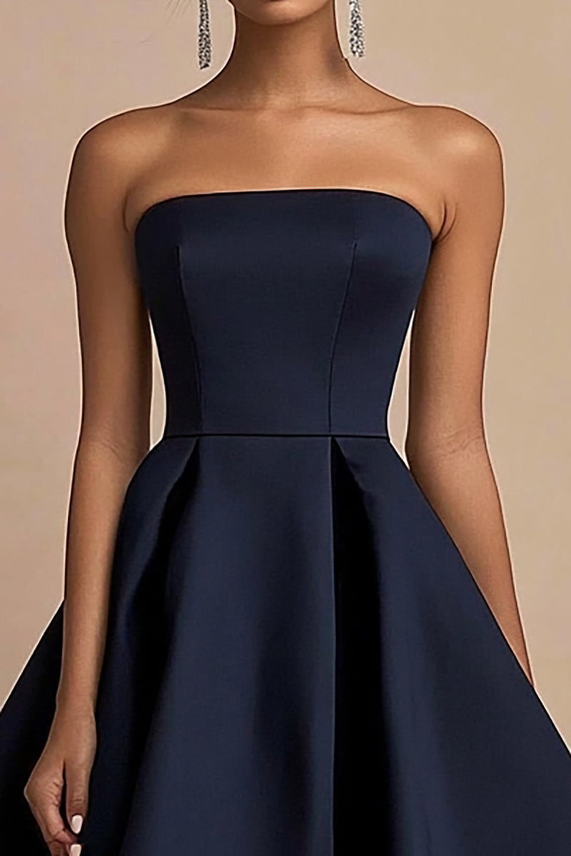 Load image into Gallery viewer, Navy Strapless A Line Satin Midi Formal Dress