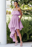 Lilac Strapless Chiffon Midi Party Dress with Ruffles