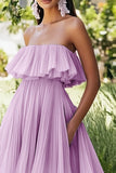Lilac Strapless Chiffon Midi Party Dress with Ruffles