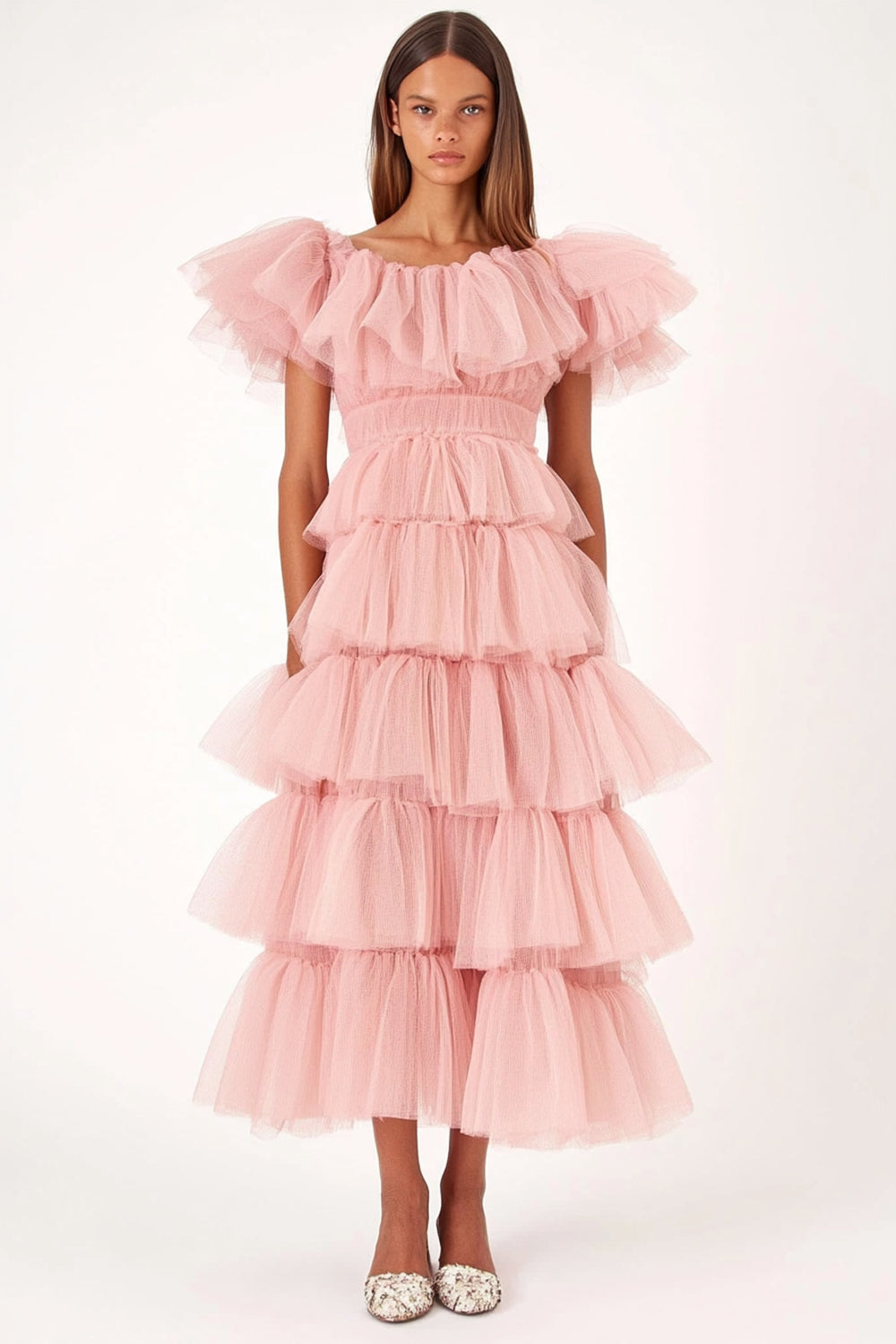 Pink A Line Tulle Tiered Ruffles Party Dress with Short Sleeves