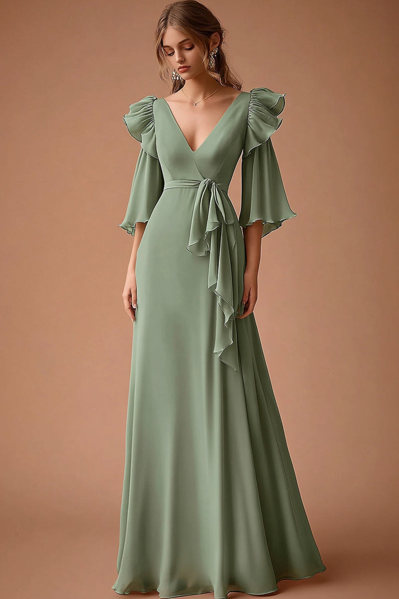 Load image into Gallery viewer, Dusty Sage V-Neck Ruffled Chiffon A Line Formal Dress