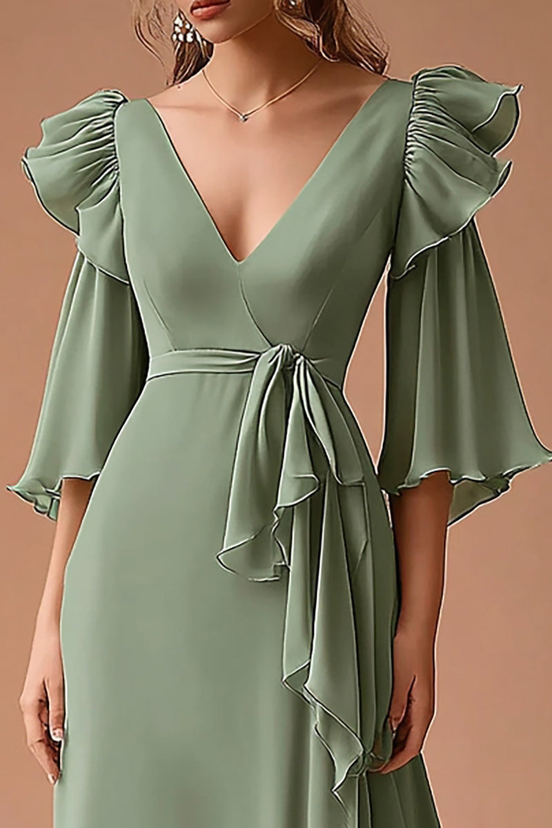 Load image into Gallery viewer, Dusty Sage V-Neck Ruffled Chiffon A Line Formal Dress