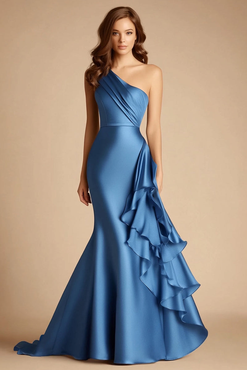 Load image into Gallery viewer, Blue One Shoulder Mermaid Formal Dress with Ruffles