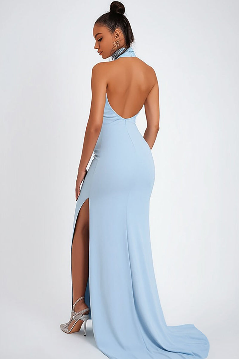 Load image into Gallery viewer, Sky Blue Halter Satin Mermaid Formal Dress with Slit