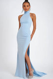Sky Blue Halter Satin Mermaid Formal Dress with Slit