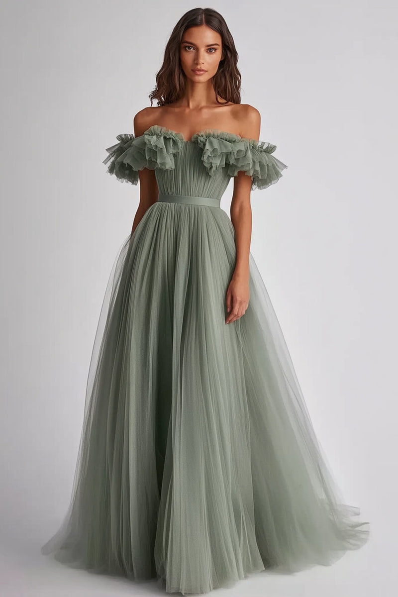 Load image into Gallery viewer, Dusty Sage Off The Shoulder Ruffled A Line Formal Dress