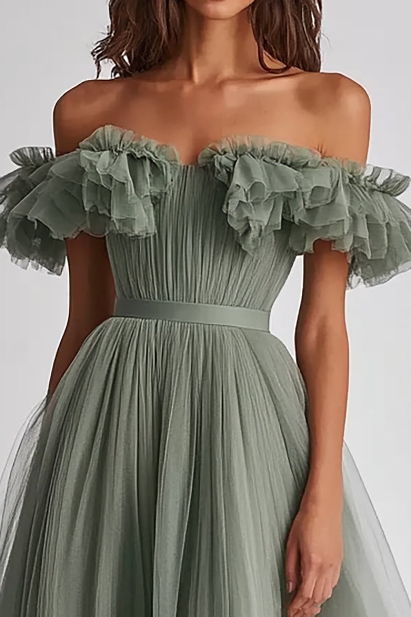 Load image into Gallery viewer, Dusty Sage Off The Shoulder Ruffled A Line Formal Dress