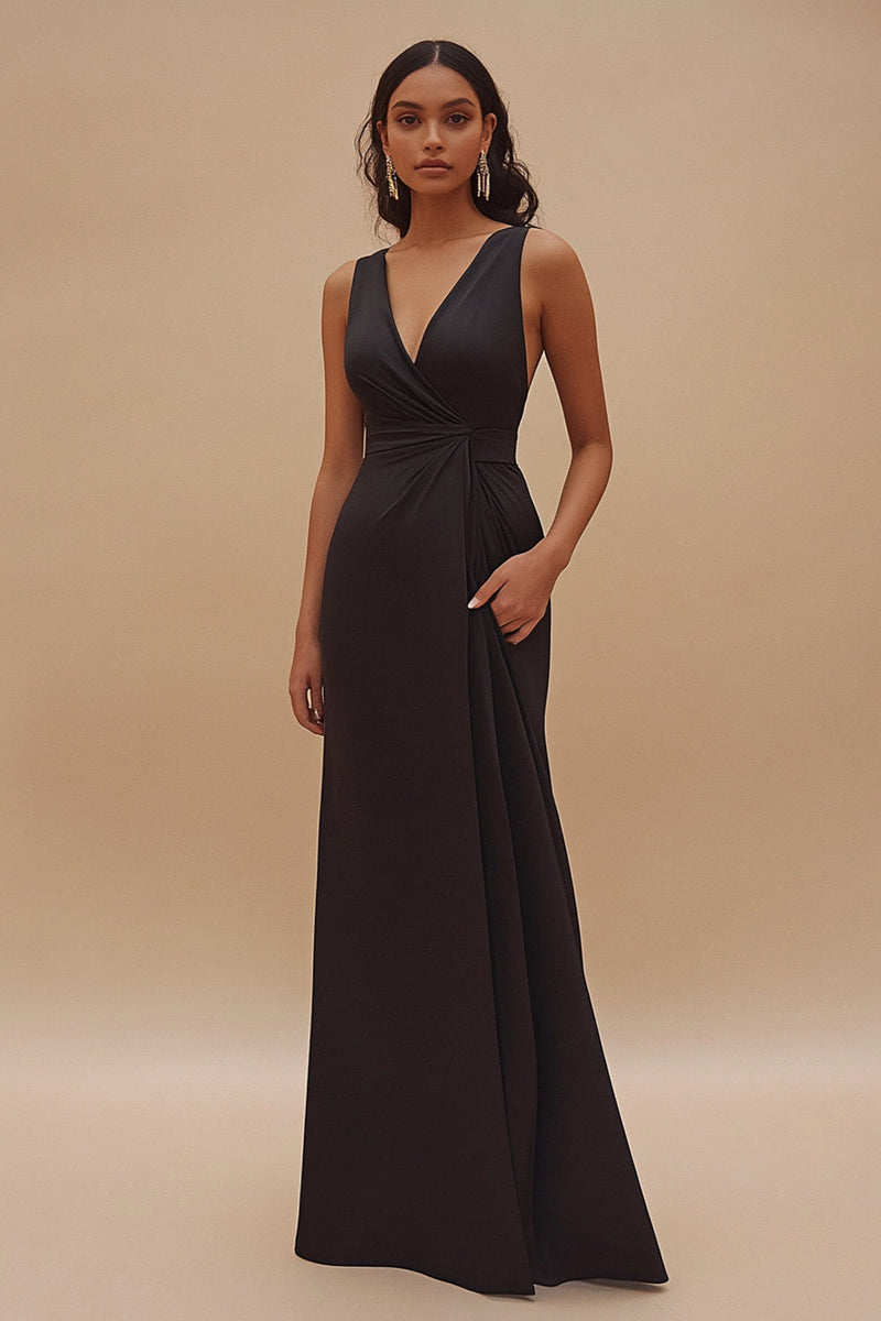 Load image into Gallery viewer, Black V-Neck Sheath Satin Gala Dress
