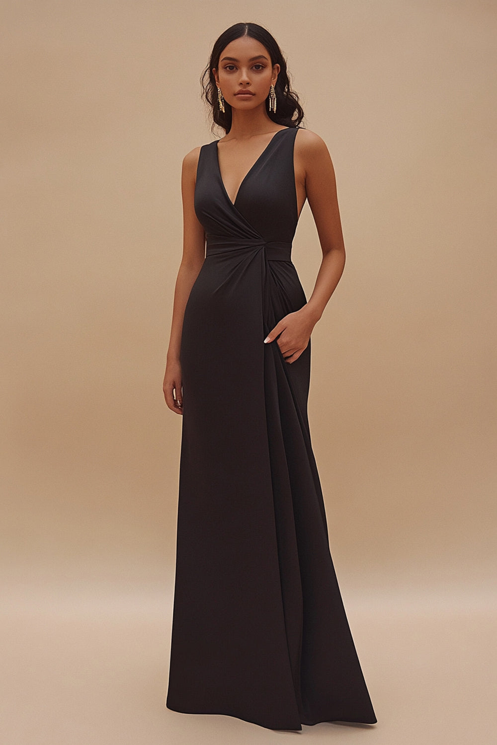 Black V-Neck Sheath Satin Gala Dress