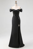 Off The Shoulder Satin Sequin Mermaid Black Tie Dress with Slit