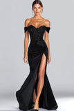Off The Shoulder Satin Sequin Mermaid Black Tie Dress with Slit