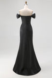 Off The Shoulder Satin Sequin Mermaid Black Tie Dress with Slit