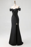 Off The Shoulder Satin Sequin Mermaid Black Tie Dress with Slit