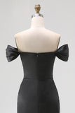 Off The Shoulder Satin Sequin Mermaid Black Tie Dress with Slit