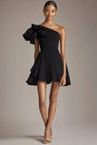 A Line Ruffles Satin Little Black Dress