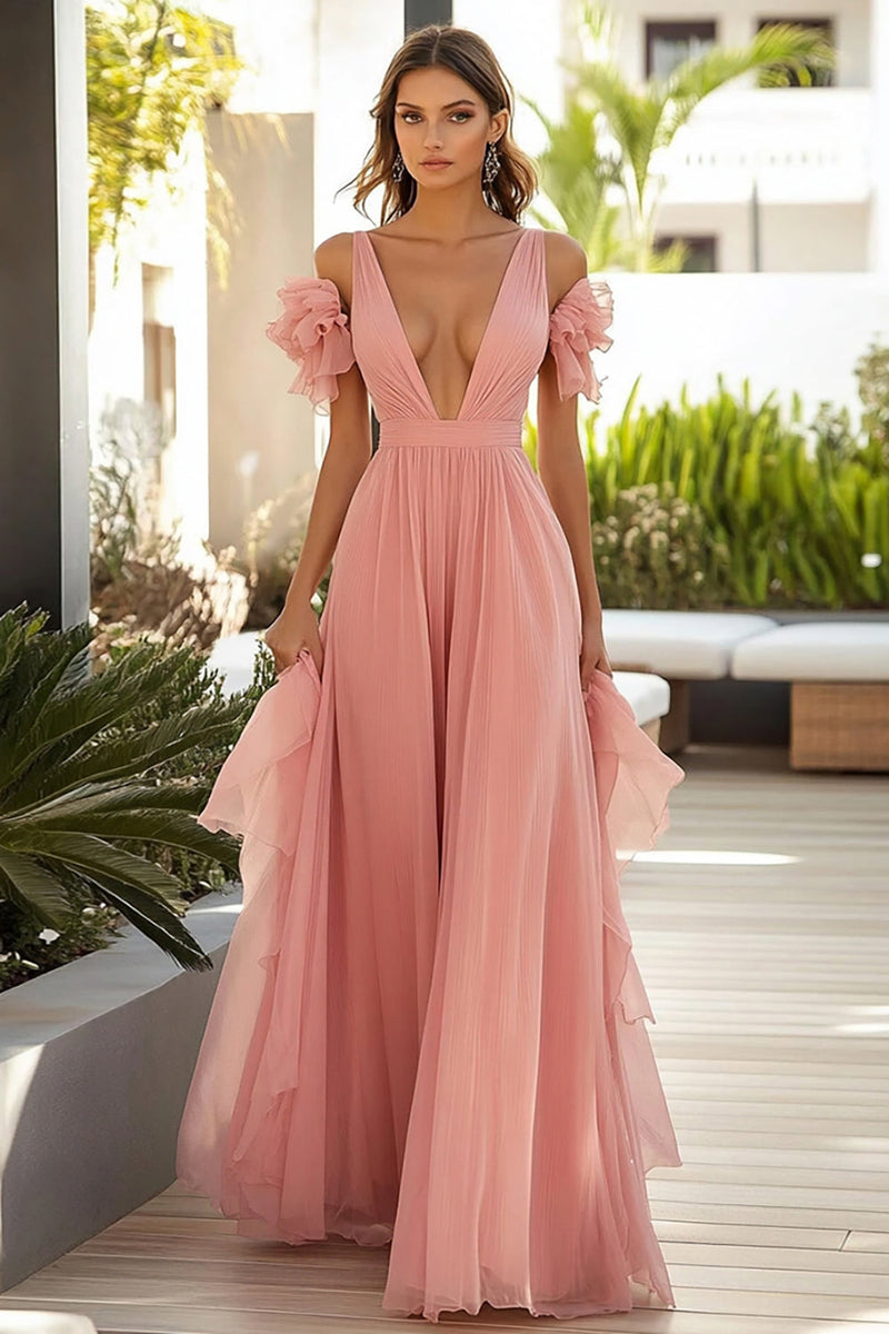 Load image into Gallery viewer, Pink A Line Ruffled Long Wedding Guest Dress
