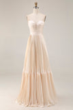 Champagne Strapless A Line Pleated Long Wedding Guest Dress