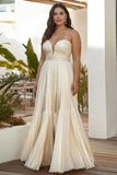 Strapless Champagne Pleated A Line Long Plus Size Wedding Guest Dress
