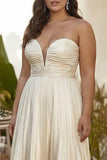 Strapless Champagne Pleated A Line Long Plus Size Wedding Guest Dress