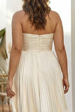 Strapless Champagne Pleated A Line Long Plus Size Wedding Guest Dress