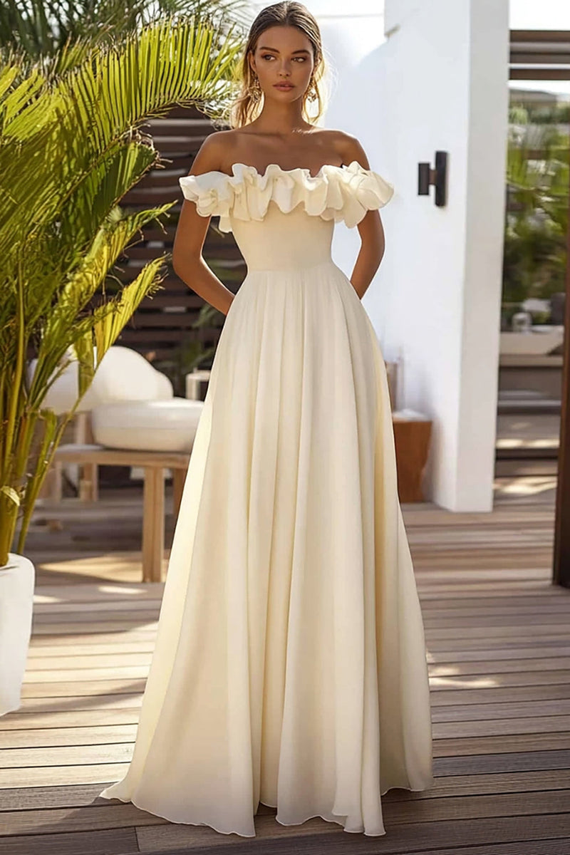 Load image into Gallery viewer, Daffodil Ruffled Off The Shoulder Chiffon Long Wedding Guest Dress