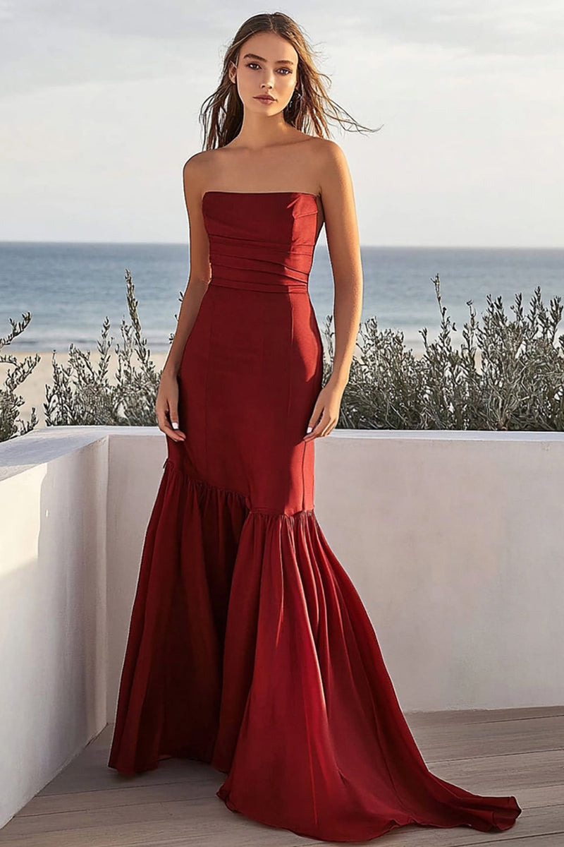 Load image into Gallery viewer, Burgundy Mermaid Strapless Satin Long Wedding Guest Dress