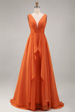 Orange Ruffled A Line V-Neck Wedding Guest Dress