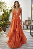 Orange Ruffled A Line Chiffon Wedding Guest Dress