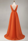 Orange Ruffled A Line V-Neck Wedding Guest Dress