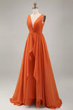 Orange Ruffled A Line V-Neck Wedding Guest Dress