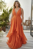 Plus Size Orange Ruffled V Neck A Line Chiffon Long Wedding Guest Dress