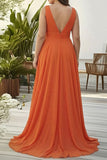 Plus Size Orange Ruffled V Neck A Line Chiffon Long Wedding Guest Dress