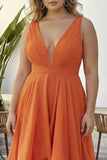 Plus Size Orange Ruffled V Neck A Line Chiffon Long Wedding Guest Dress