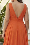 Plus Size Orange Ruffled V Neck A Line Chiffon Long Wedding Guest Dress