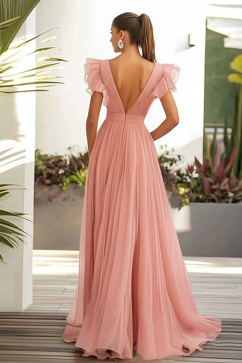 Load image into Gallery viewer, Pink A Line Ruffles V Neck Long Wedding Guest Dress